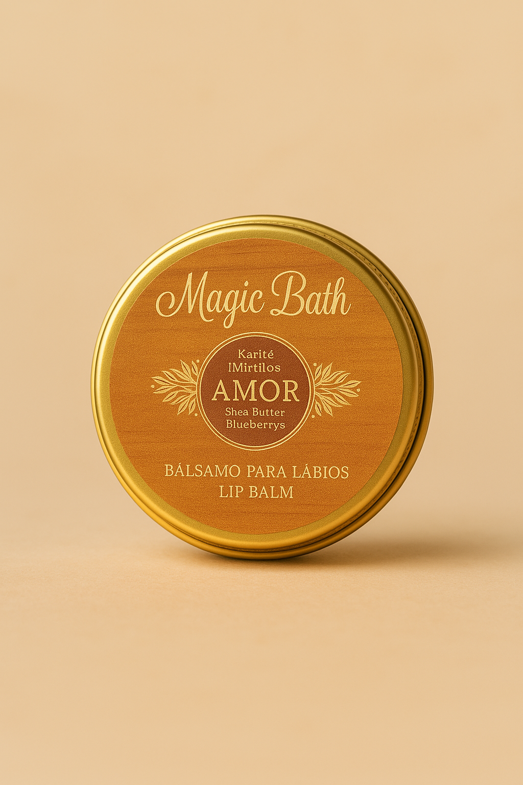 Bálsamo para Lábios - AMOR Bálsamo para lábios Magic Bath em embalagem dourada com rótulo castanho