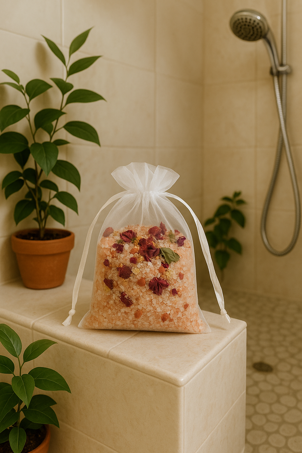 Sais para Duche & Banho - Amor Saco de organza com sal grosso rosa e flores secas numa casa de banho com plantas e chuveiro.