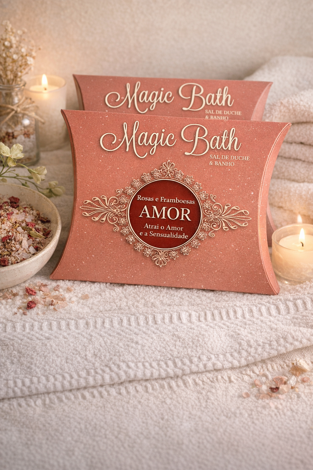 Sais para Duche & Banho - Amor Caixas de Magic Bath com sal de banho cor de rosa sobre toalha branca e velas acesas