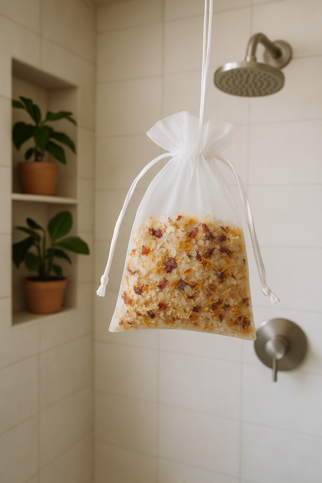 Sais para Duche & Banho - PROTEÇÃO Saco branco com sais de banho suspenso num chuveiro moderno com azulejos brancos.