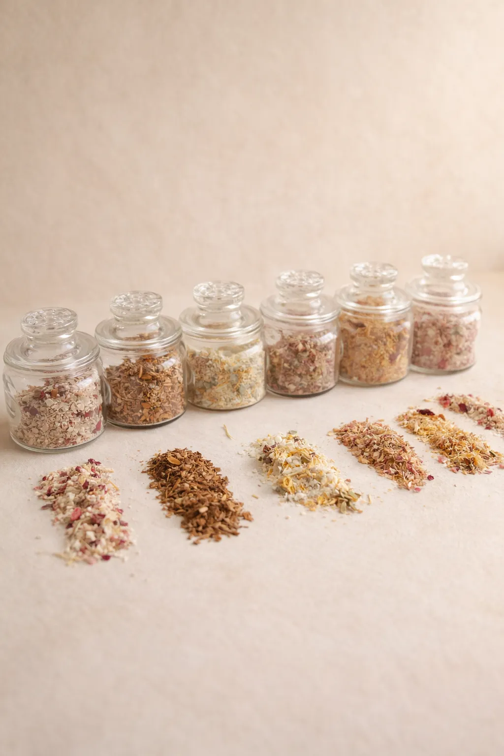 Conjunto 6 Sais para Duche & Banho (naturais e vegan) Frascos de vidro com misturas de ervas e pétalas coloridas