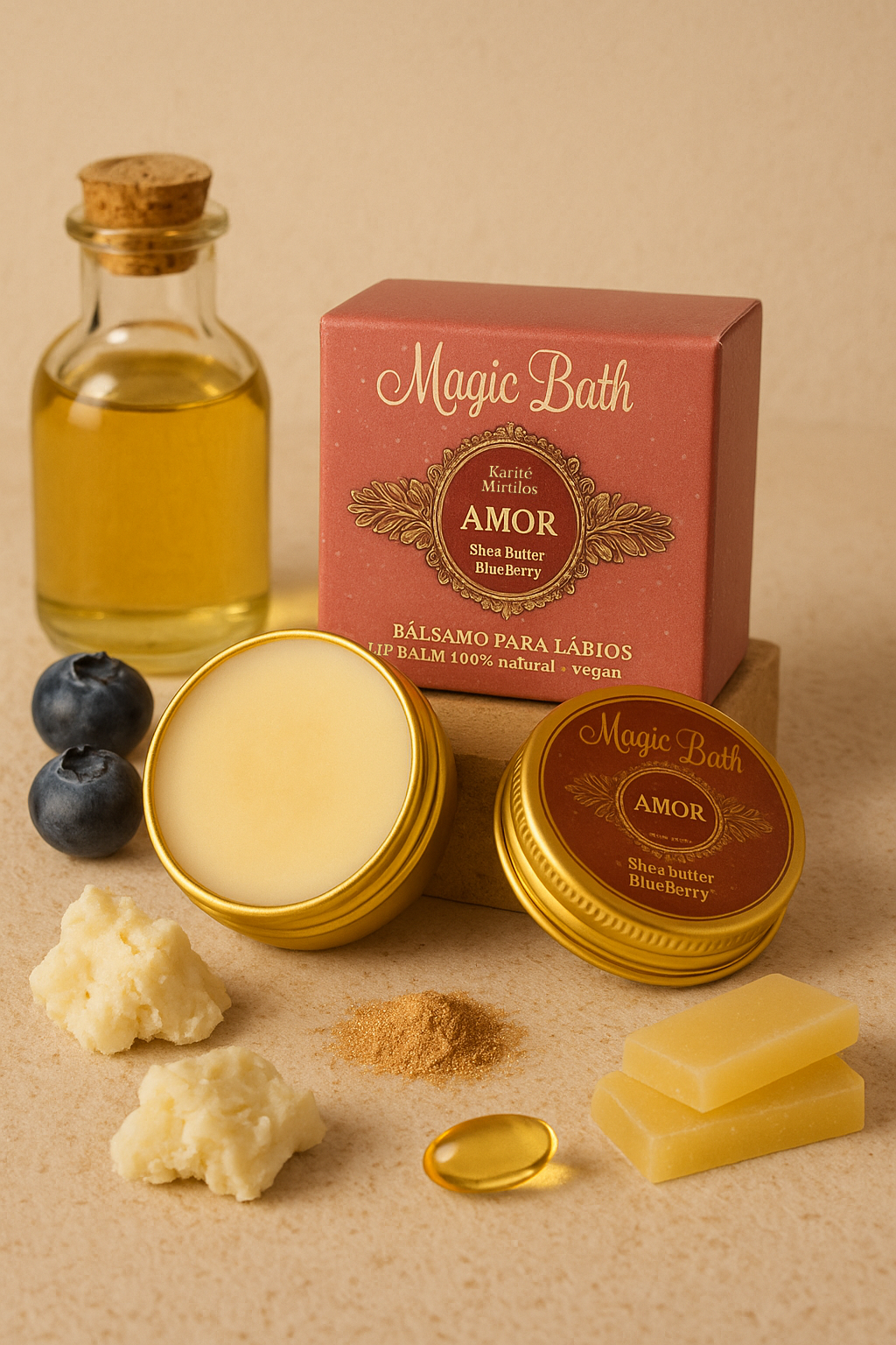Bálsamo para Lábios - AMOR Bálsamo para lábios Magic Bath Amor com embalagem rosa e ingredientes naturais