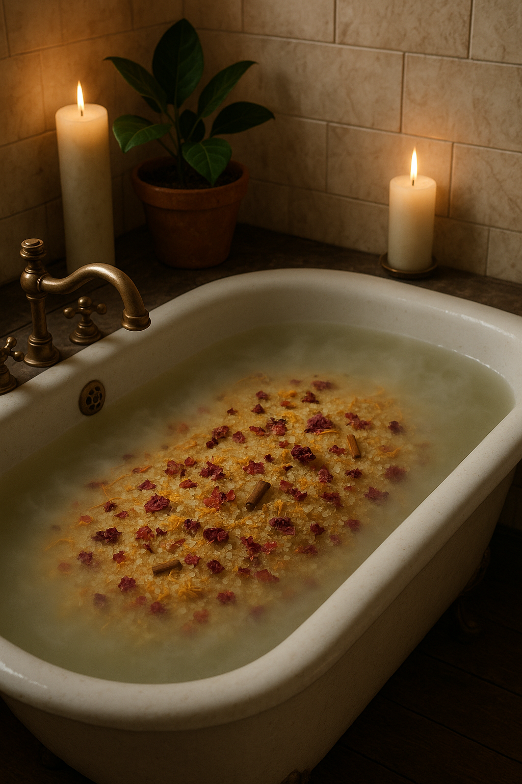 Sais para Duche & Banho - PROTEÇÃO banheira vintage com água, flores e velas acesas