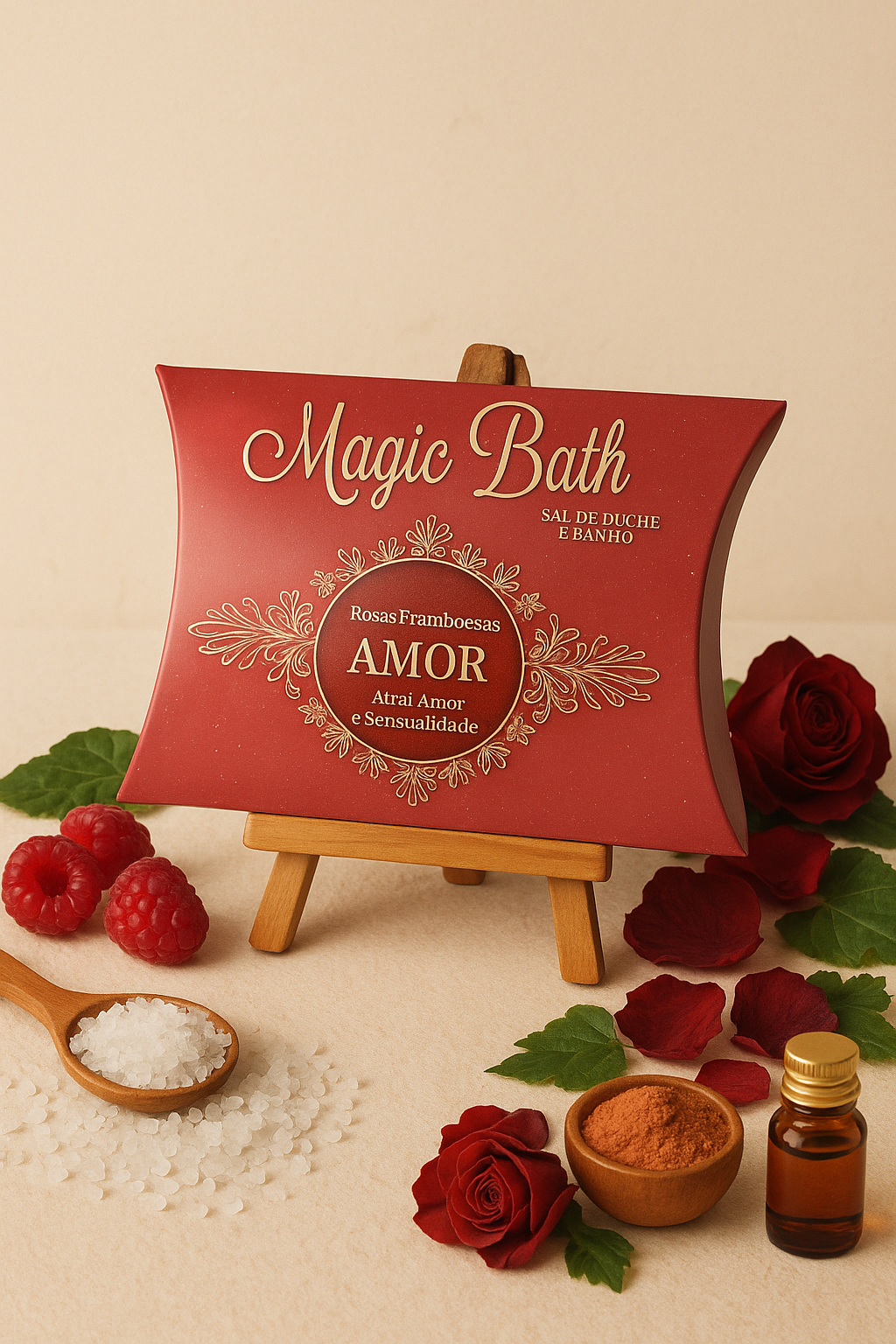 Sais para Duche & Banho - Amor Embalagem vermelha Magic Bath com sais de banho, framboesas e rosas decorativas.