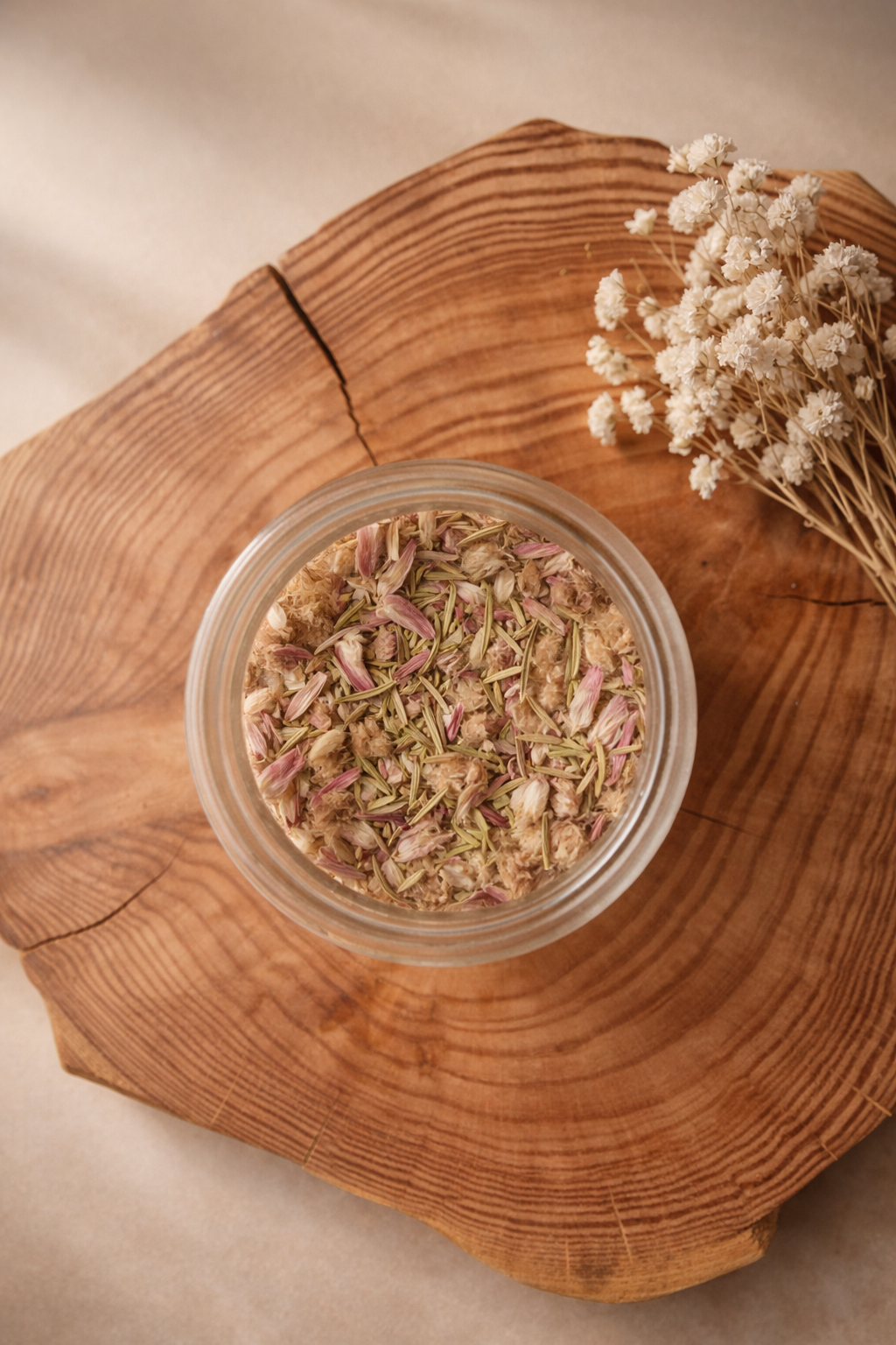 Sais para Duche & Banho - CONFORTO Frasco com mistura seca de flores e ervas sobre tábua de madeira com flores secas ao lado