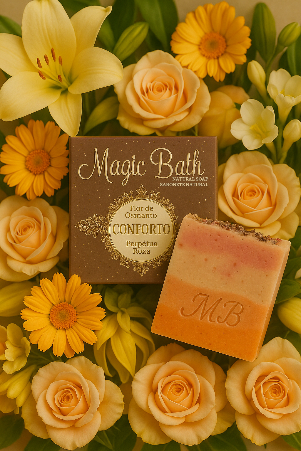 Sabonete natural - CONFORTO Sabonete natural Magic Bath Flor de Osmanto com caixa castanha e flores amarelas e laranjas