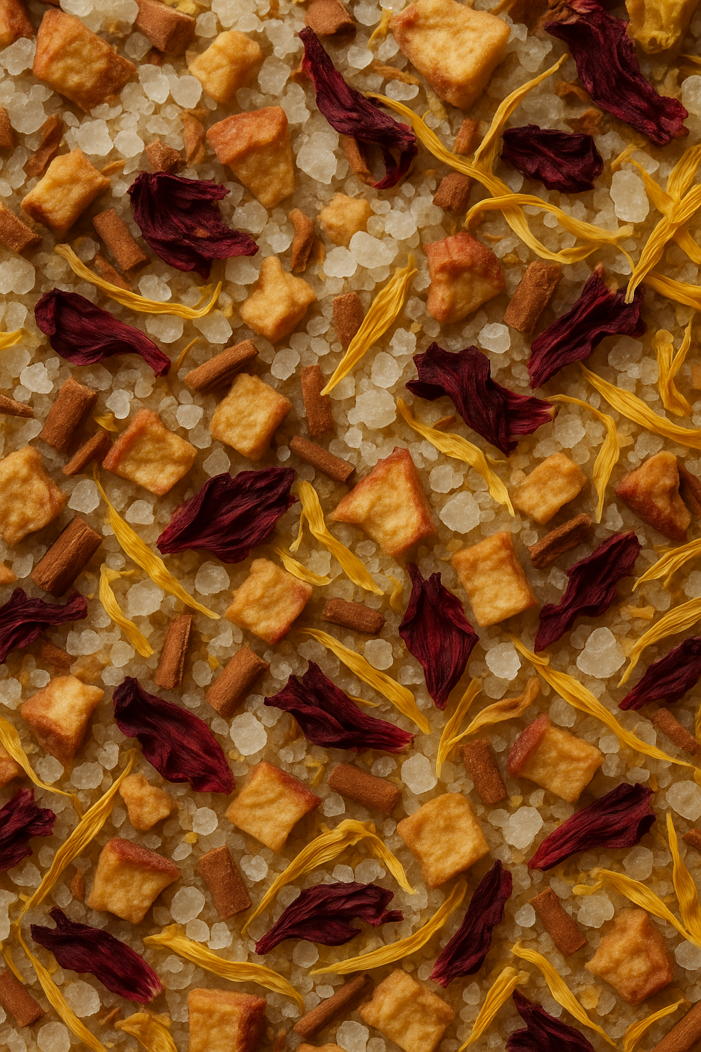 Sais para Duche & Banho - PROTEÇÃO Mistura de ingredientes naturais com sal grosso, fruta desidratada, flores secas e pauzinhos castanhos