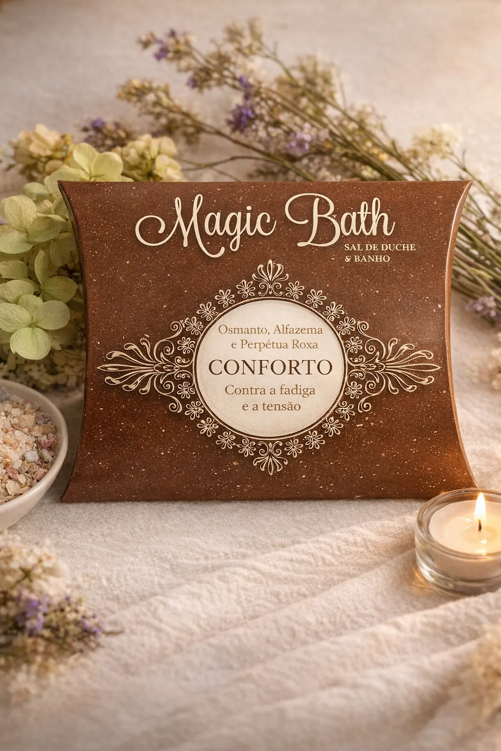 Sais para Duche & Banho - CONFORTO Caixa castanha de sais Conforto em forma de almofada, ao lado de vela acesa e taça com minerais