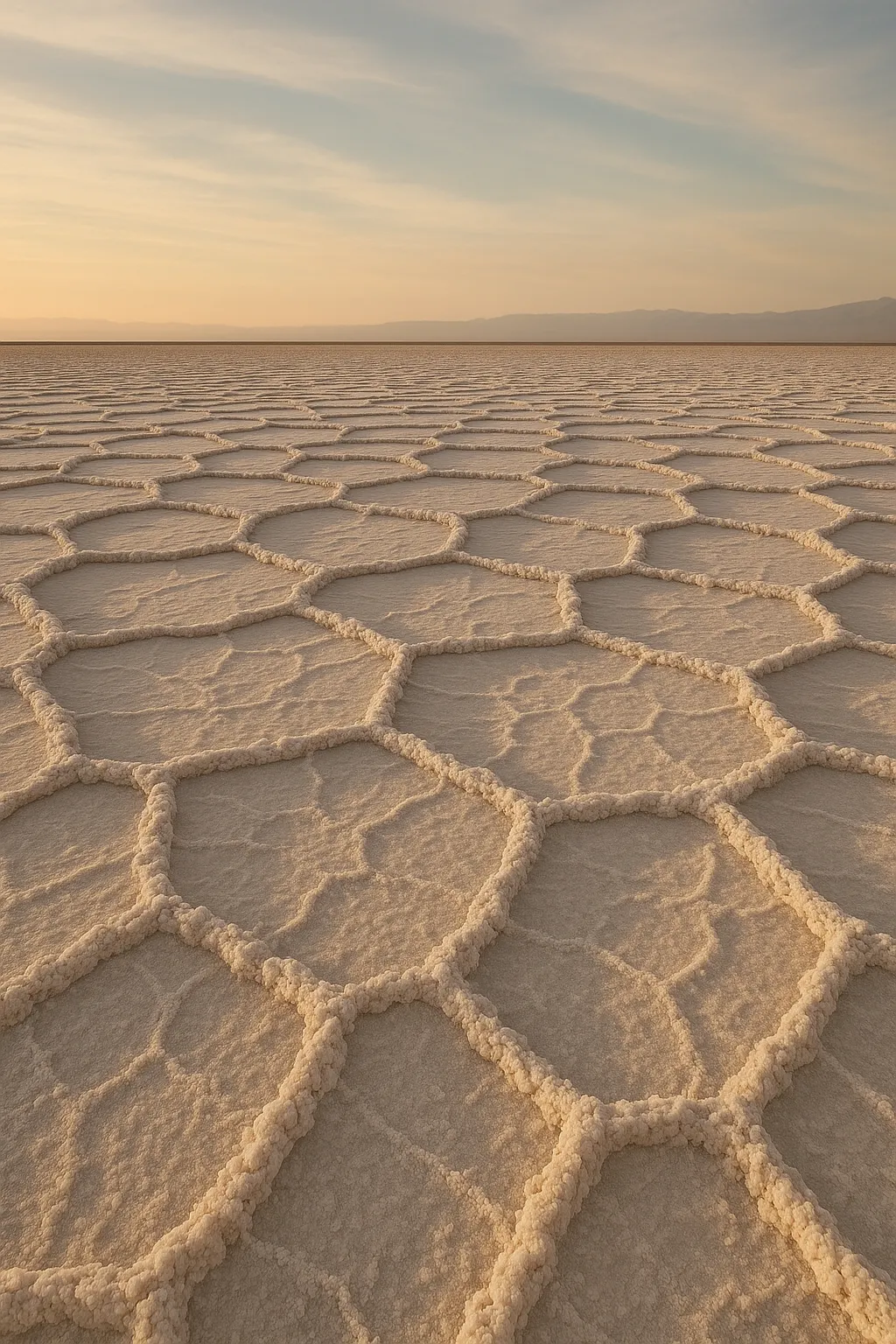 Conjunto 6 Sais para Duche & Banho (naturais e vegan) Padrões hexagonais de sal numa paisagem de salar sob céu ao entardecer.