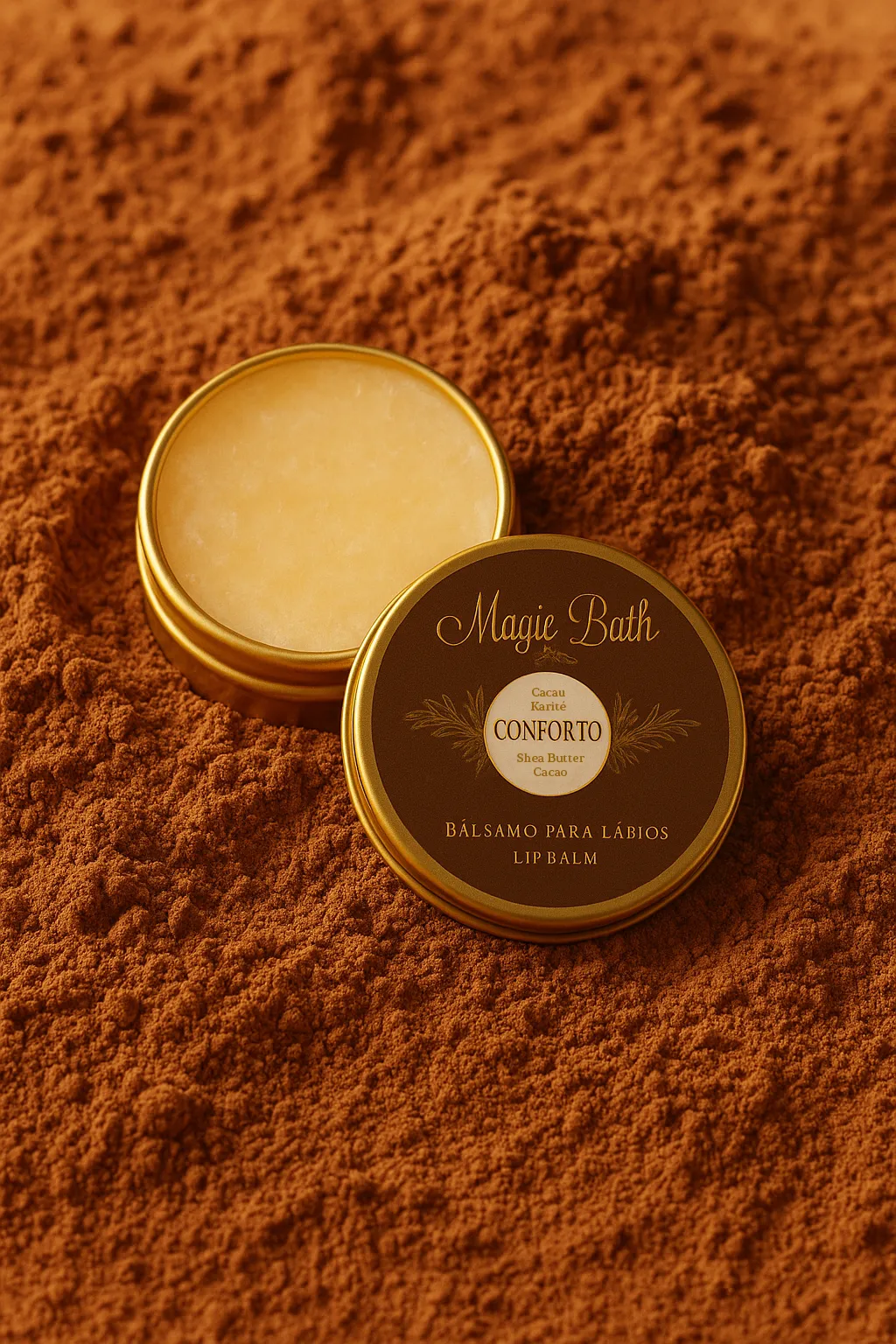 Bálsamo para Lábios - CONFORTO Bálsamo para lábios em frasco metálico dourado sobre pó de cacau.