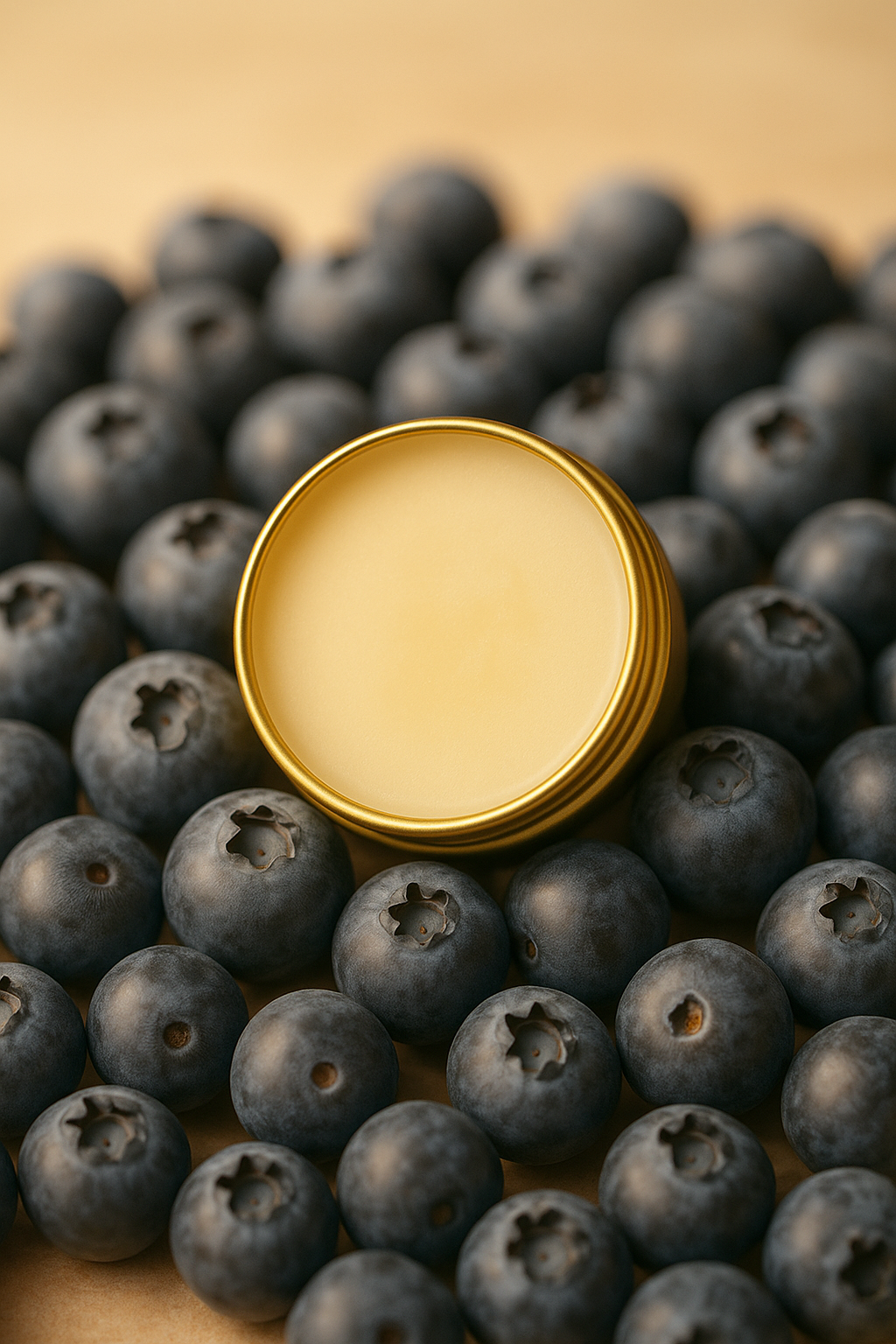 Bálsamo para Lábios - AMOR Frascos dourados entre mirtilos frescos.