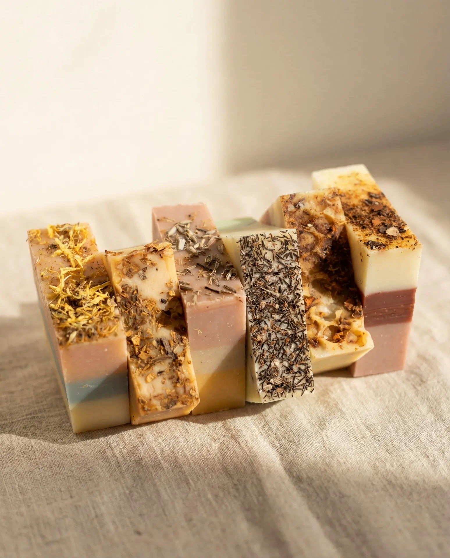 Conjunto 6 Sabonetes naturais (naturais e vegan) Barras de sabonete artesanal com ervas secas e flores sobre tecido bege