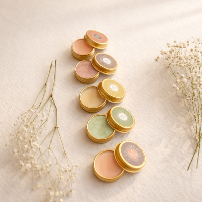 Frascos redondos dourados com pomadas coloridas e flores secas num fundo branco