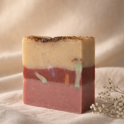 Sabonete em barra tricolor com detalhes embutidos e topping marrom