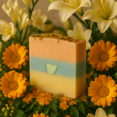 Sabonete artesanal colorido rodeado por flores amarelas e creme