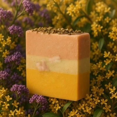 Sabão artesanal tricolor com textura granulada na parte superior entre flores amarelas e roxas.