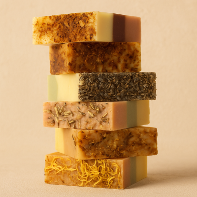 Pilhas de sabonetes artesanais com texturas naturais e cores quentes sobre fundo bege