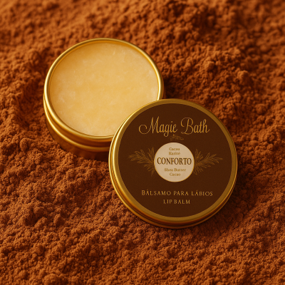 Dois bálsamos labiais Magie Bath em embalagem redonda dourada sobre pó castanho