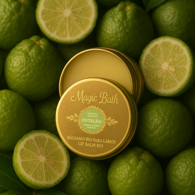 Bálsamo para lábios dourado rodeado por limas verdes e folhas
