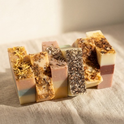 Barras de sabão artesanal multicoloridas com ervas secas e flores em tecido bege.