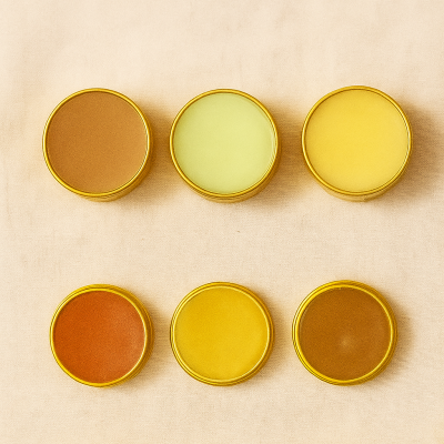 Seis latas abertas com verniz ou creme para calçado em tons castanho, amarelo e verde claro sobre fundo bege.