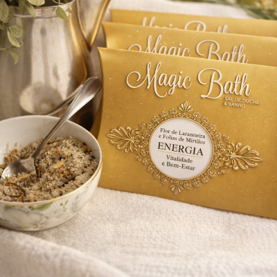 Pacotes dourados de sal de banho Magic Bath, tigela branca com sais e planta em jarra metálica.