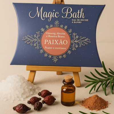 Pacote azul de sal de duche Magic Bath com ingredientes naturais e frasco pequeno