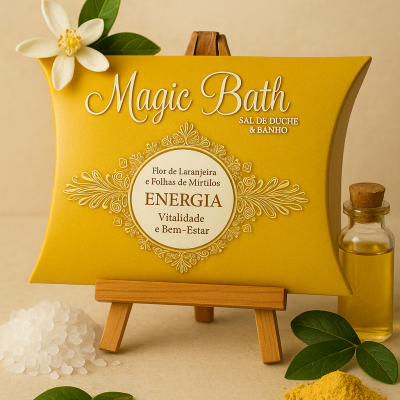 Embalagem amarela Magic Bath com texto em português, cavalete de madeira, sal grosso, folhas verdes, pó amarelo e frasco de óleo