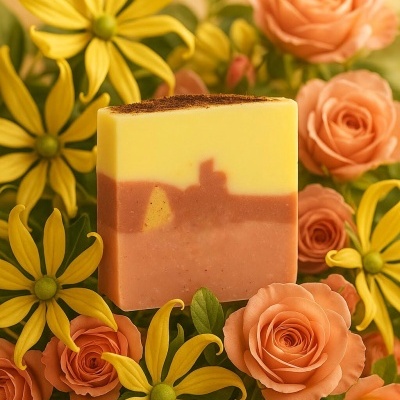 Sabonete amarelo e rosa entre flores amarelas e rosas cor de pêssego