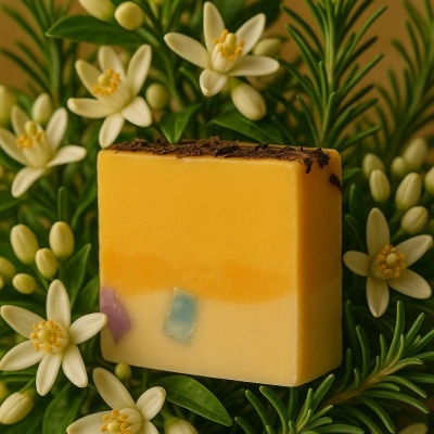 Sabonete artesanal amarelo e creme com bloco colorido entre flores brancas e folhas verdes