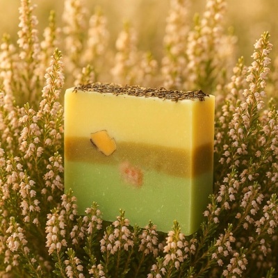 Sabonete artesanal colorido com sementes, rodeado por flores cor-de-rosa