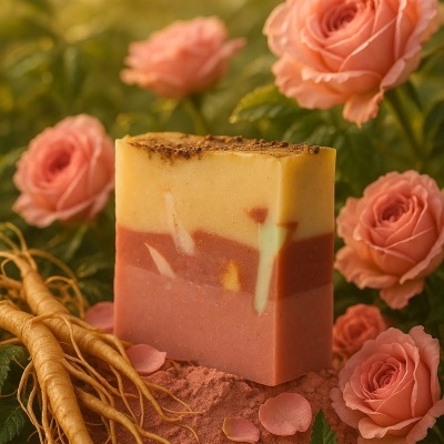 Barra de sabão bicolor com raízes e rosas cor-de-rosa ao fundo