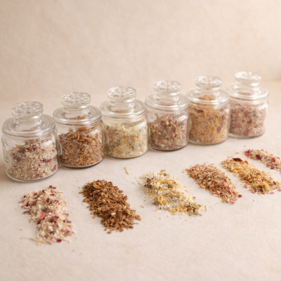 Seis frascos de vidro com tampas contendo misturas secas coloridas sobre superfície bege