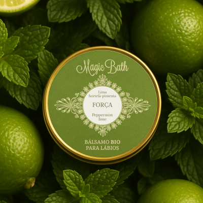 Bálsamo para lábios em pote verde e dourado rodeado de folhas de hortelã e limas verdes