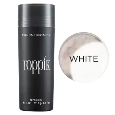 Frasco preto de produto Toppik com texto branco e amostra de cor branca