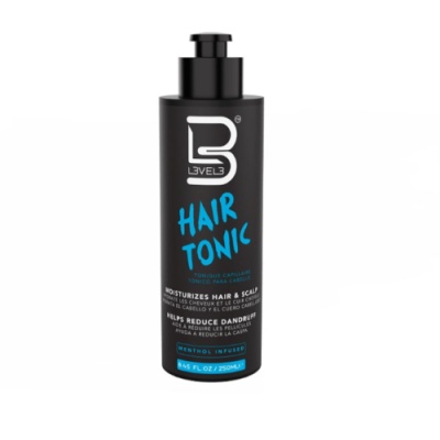 Frasco preto de tónico capilar Level3 Hair Tonic com tampa de bomba