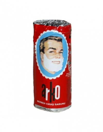 Barbear arko em embalagem vermelha com espuma facial ilustrada