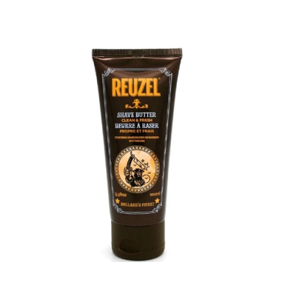 Bisnaga castanha de creme de barbear REUZEL com tampa preta e texto em amarelo e branco