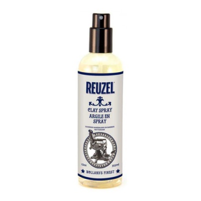 Spray de argila Reuzel em frasco transparente com tampa de spray preta e rótulo azul e branco