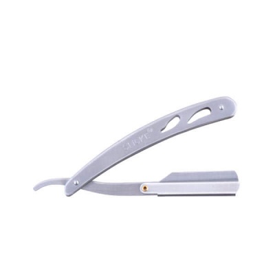 Navalha de barbear cinzenta com cabo metálico e recortes ovais