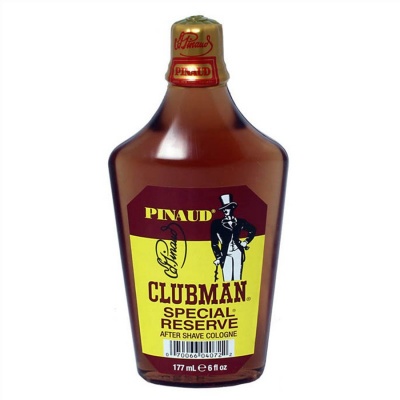Frasco castanho de after shave Pinaud Clubman Special Reserve com rótulo amarelo e vinho.