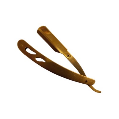 Navalha de barbear dourada aberta em fundo branco