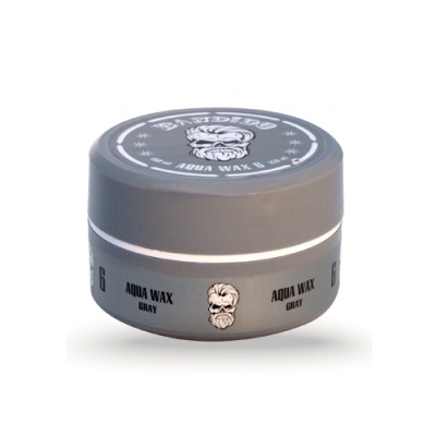 Pote cinzento de cera Aqua Wax Gray com tampa e imagem de rosto de homem com barba