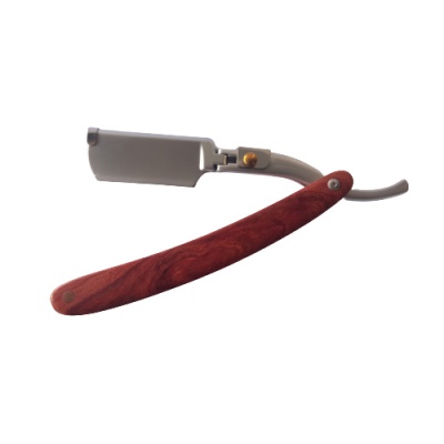 Navalha de barbear com cabo de madeira castanho e lâmina metálica