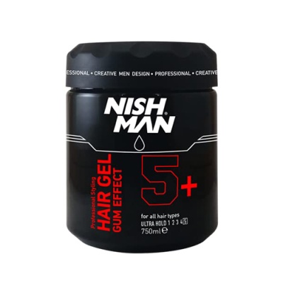 Frasco preto de gel de cabelo Nish Man com texto em branco e vermelho