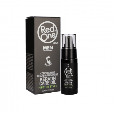 Frasco e embalagem de óleo de cuidado para barba e bigode Red One Men com queratina e estilo hipster