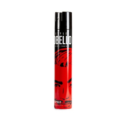 Spray de cabelo Obelio Style preto e vermelho com desenho de rosto masculino.
