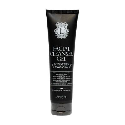 Tubo preto de gel de limpeza facial com texto branco e logótipo circular no topo