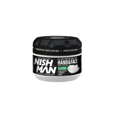 Frasco de creme NISH MAN para mãos e rosto, classic, tampa preta e corpo branco.
