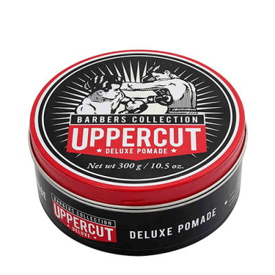 Frasco de pomada para cabelo Uppercut Deluxe preto, vermelho e branco com ilustração de boxeadores